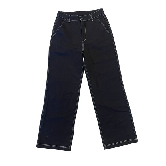 wide leg trouser pant top stitched NWT Medium black 100% cotton woven - Picture 1 of 10